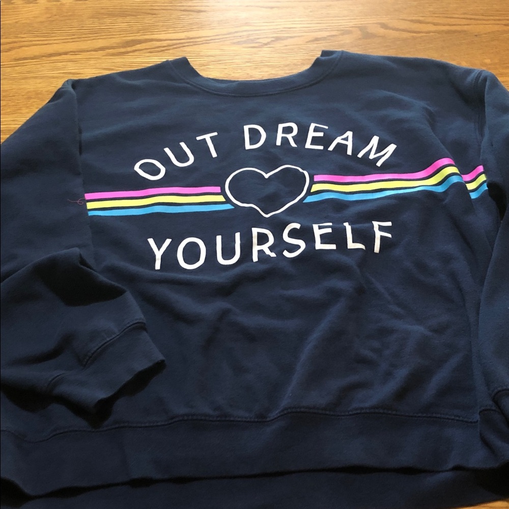 Wound Up Navy Sweatshirt with Rainbow Stripe Heart Graphic